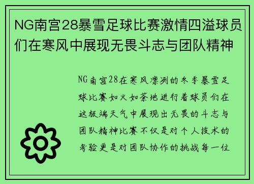 NG南宫28暴雪足球比赛激情四溢球员们在寒风中展现无畏斗志与团队精神